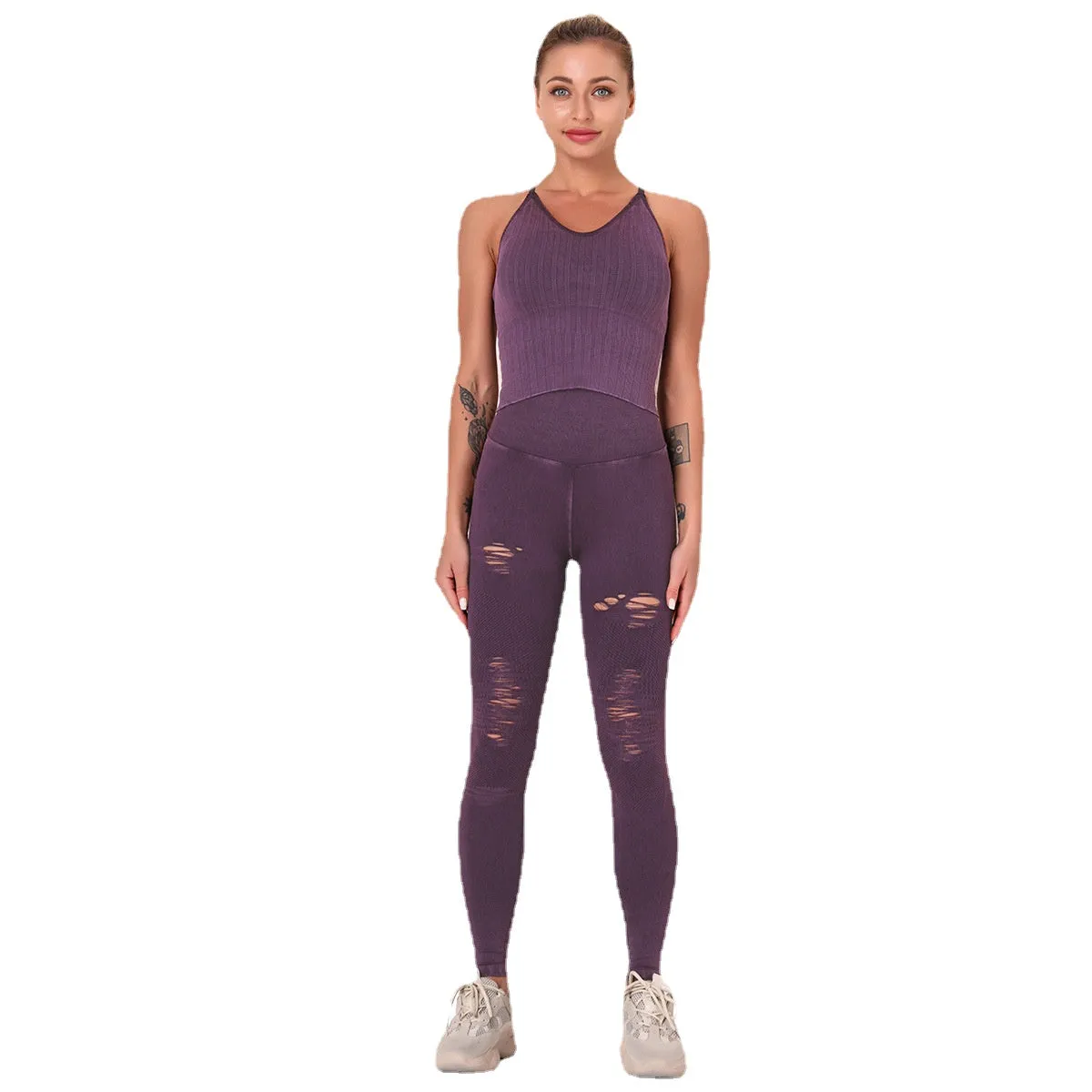 European and American Washed Seamless Fashion Fashion Holes Yoga Suit Women's Sports Running Hip-Lifting Fitness Pants