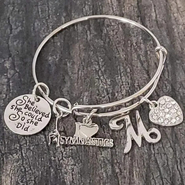 Personalized Gymnastics Bangle Bracelet- Custom Girls Gymnast Jewelry