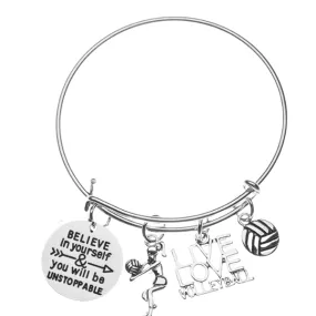 Volleyball Bangle Bracelet with Inspirational Charm