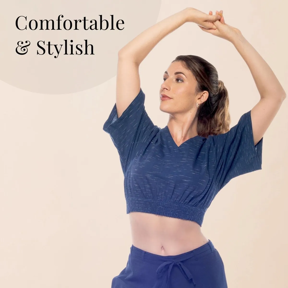 Women's Cotton Yoga Smock Top | Loose fit for Ultimate Relaxation with Sleeves | Smocked Waist Crop Top