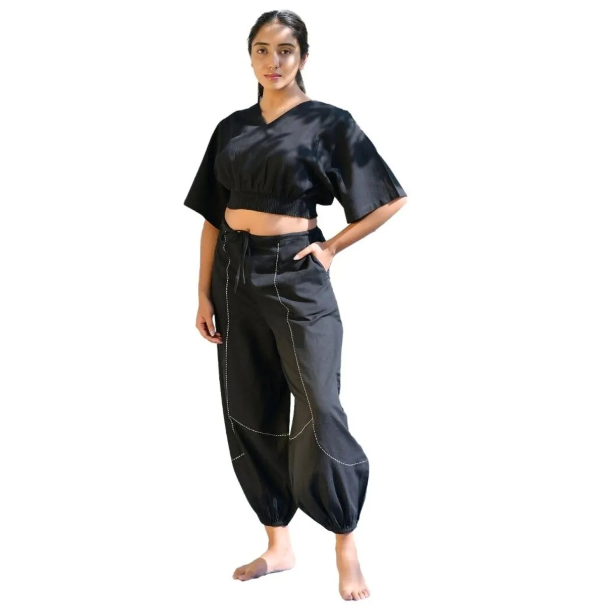 Women's Cotton Yoga Smock Top | Loose fit for Ultimate Relaxation with Sleeves | Smocked Waist Crop Top